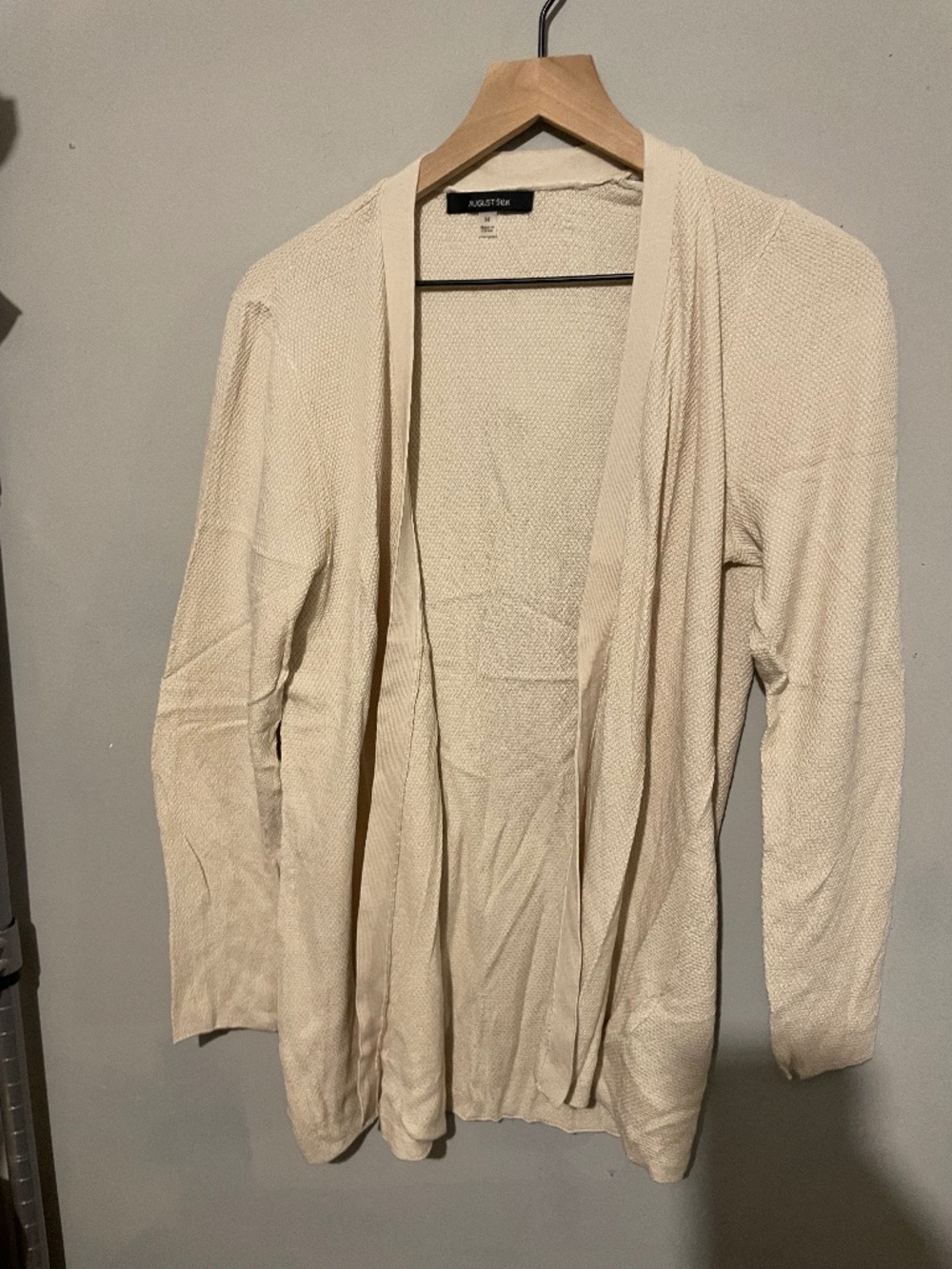 August silk women’s medium beige open front sweater